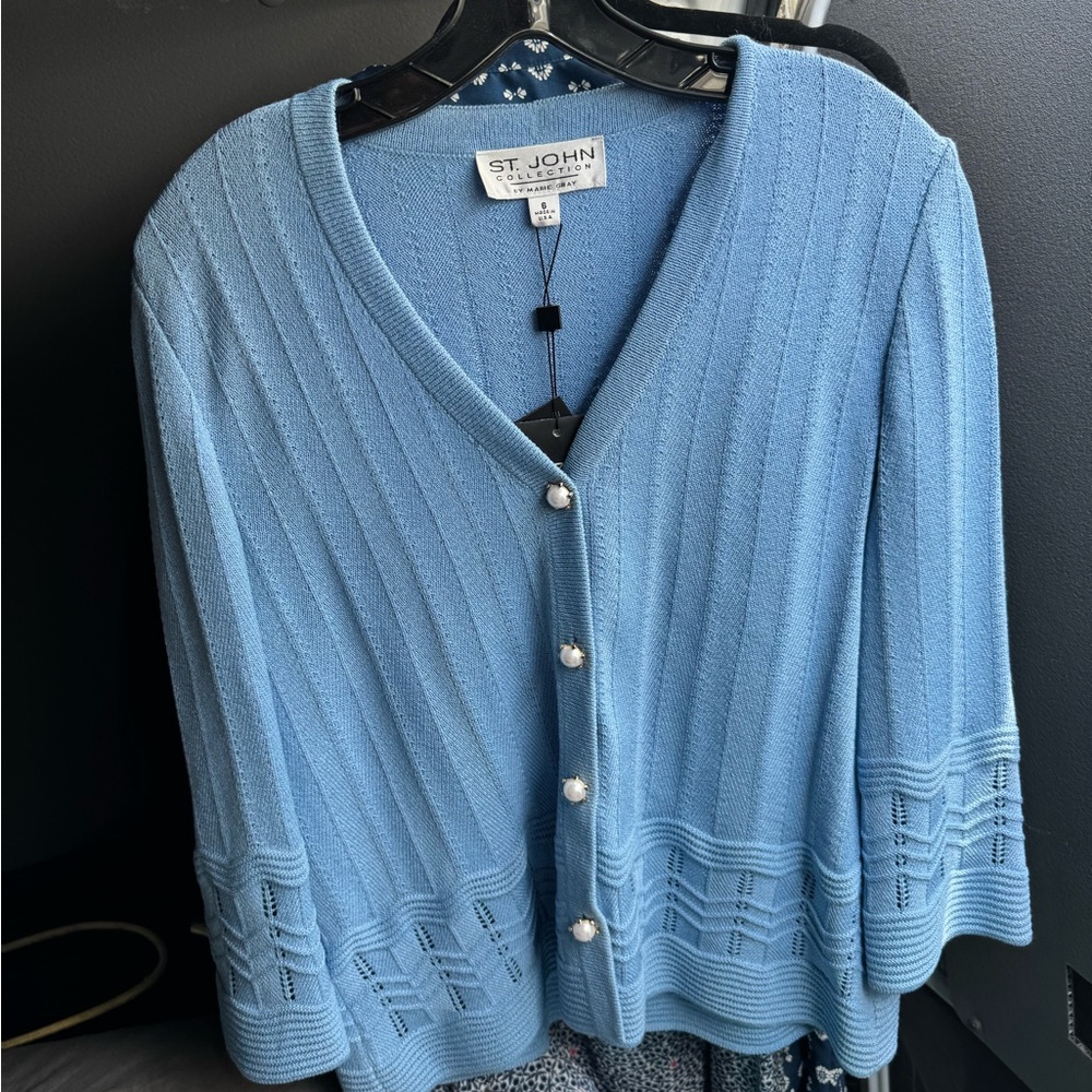 St. John Blue Cardigan Sweater with V-Neck and 3/4 Sleeves
